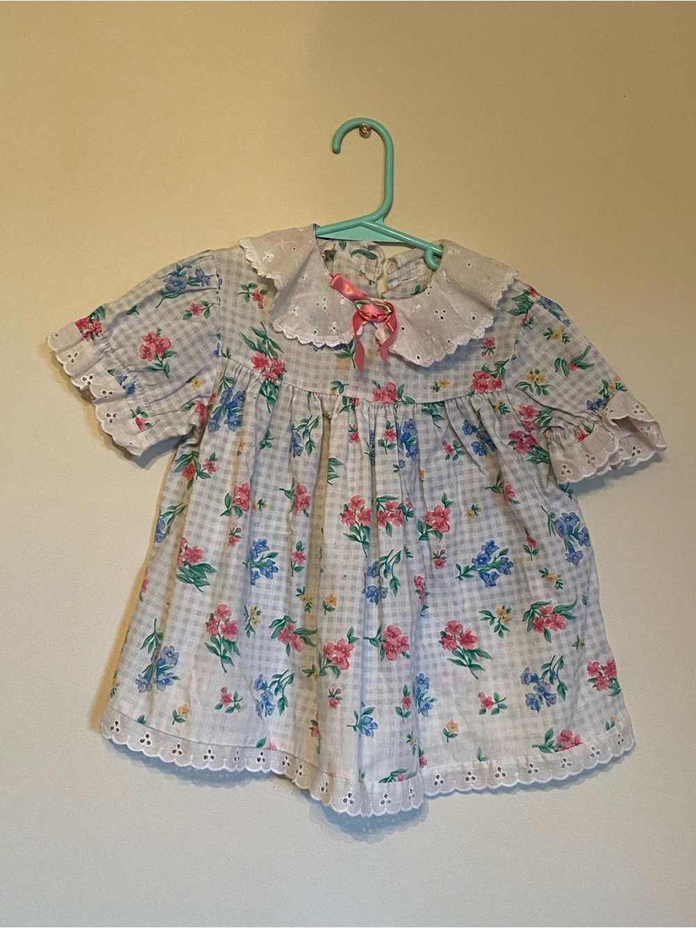 Vintage White Dress with Pink & Blue Floral Eyelet Collar